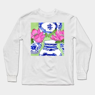 Lotus and chinoiserie jars on lime green Long Sleeve T-Shirt